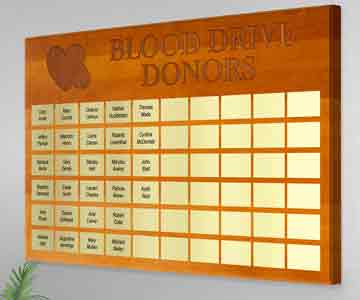 Perpetual gold donor plates on wall for blood drive recognition
