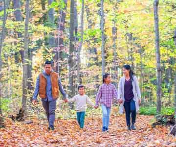Small Happy Family Walking Through The Woods During The Fall Season