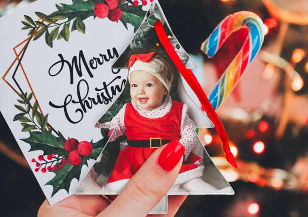 Full Color Tree Christmas Ornament Held With Card And Candy Cane.