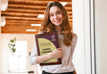 Happy Woman Holding A Personalized Full Color Printed Plaque.