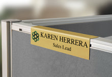 Full Color Gold Aluminum Cubicle Name Plate On Gray Cubicle.