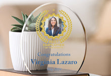 Full Color Freestanding Acrylic Award On Table With Book And Plant.