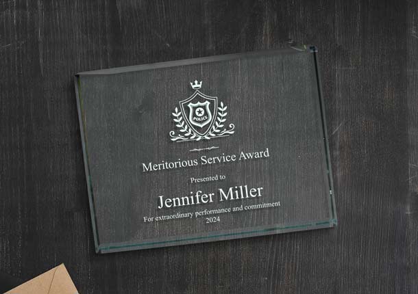 Custom Engraved Jade Glass Paperweight In Frosted White On Dark Desk