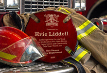 Engraved Rosewood Maltese Cross For Firefighter Near Firefighter Equipment.