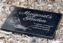 Custom Engraved Granite Memorial Plaque For Margaret Placed In Mulch.