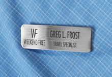 Engraved Stainless Steel Metal Name Tag On Plaid Shirt.