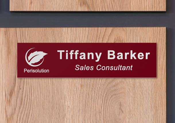 Custom Engraved Plastic Office Name Plate In Burgundy On Wall