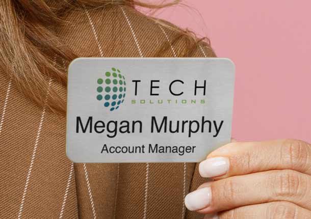 Custom Full Color Aluminum Silver Metal Name Tag Held By Woman