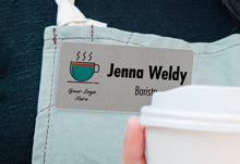 Custom Printed Silver Aluminum Name Tag For Barista On Apron.
