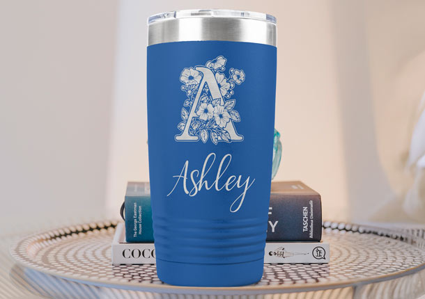 Custom Engraved Royal Blue 20 Oz Coffee Tumbler On Glass Side Table