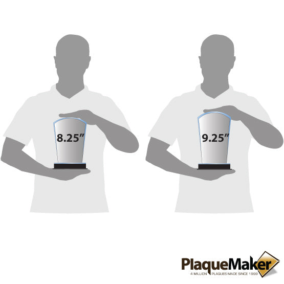 Size Guide With Blank Figures Holding Two Different Sizes Of Custom Acrylic Arch Award With Blue Mirror Base