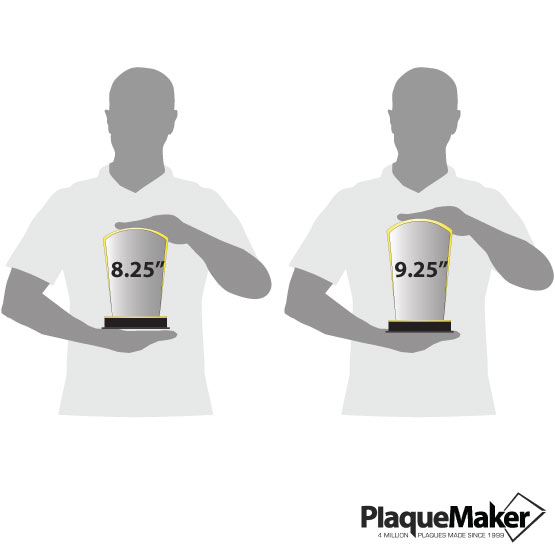 Size Guide With Blank Figures Holding Two Different Sizes Of Custom Acrylic Arch Award With Gold Mirror Base