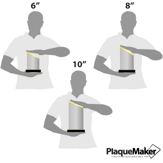 Size Guide With Blank Figures Holding Three Different Sizes Of Custom Acrylic Beveled Peak Award With Gold Mirror Base