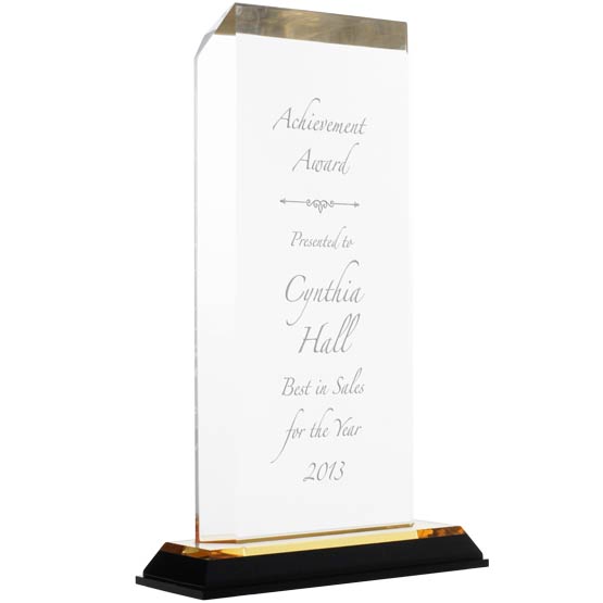 Custom Acrylic Award With Clipped Corners Featuring Achievement Award Message And Name And Date And Gold Mirror Base