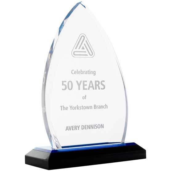 Custom Oval Crest Acrylic Award For Fifty Years Of Service With Logo And Employee Name On Blue Mirror Base