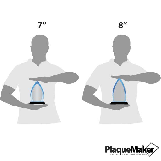 Size Guide With Blank Figures Holding Two Different Sizes Of Custom Oval Crest Acrylic Awards With Blue Mirror Base