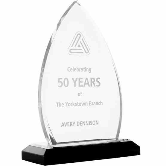 Custom Oval Crest Acrylic Award For Fifty Years Of Service With Company Logo And Name On Silver Mirror Base 