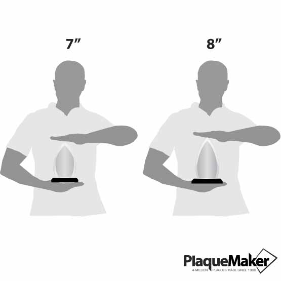 Size Guide With Blank Figures Holding Two Different Sizes Of Custom Oval Crest Acrylic Awards With Silver Mirror Base