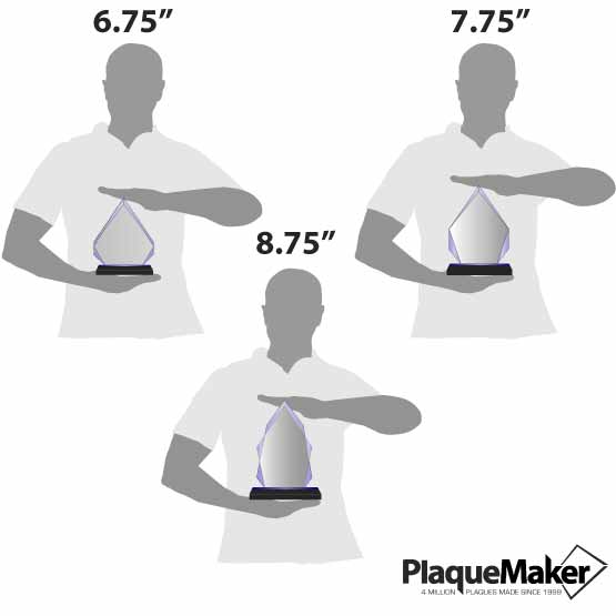 Size Guide With Blank Figures Holding Three Different Sizes Of Custom Diamond Shaped Acrylic Award With Blue Mirror Base