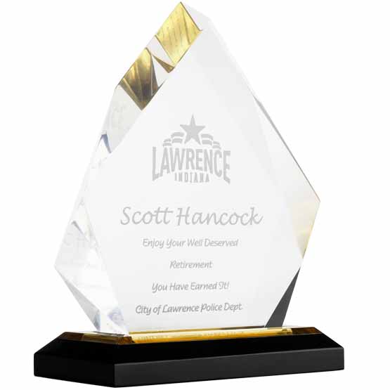 Custom Diamond Shaped Acrylic Award For Retirement With City Logo And Name And Message And Gold Mirror Base 