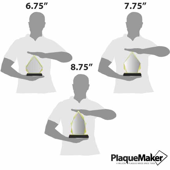 Size Guide With Blank Figures Holding Three Different Sizes Of Custom Diamond Shaped Acrylic Award With Gold Mirror Base