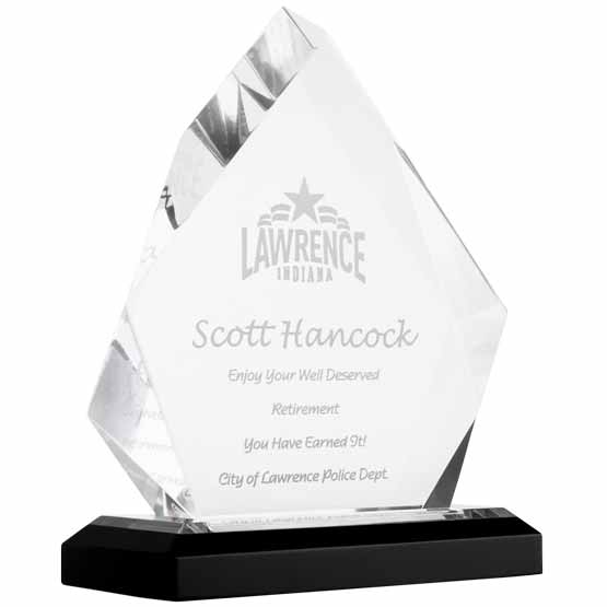 Custom Diamond Shaped Acrylic Award For Retirement With City Logo And Name And Message On Silver Mirror Base