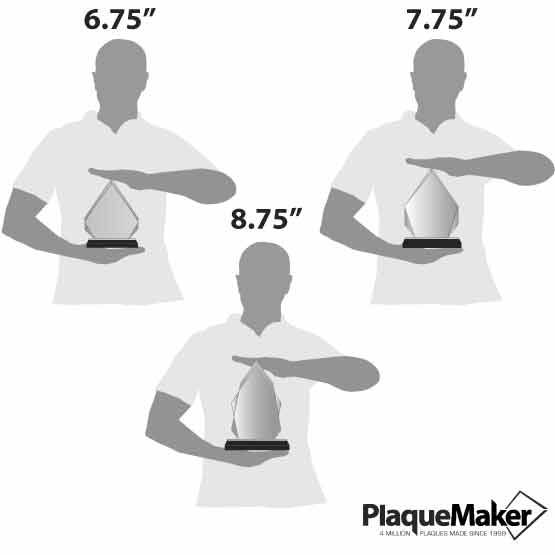 Size Guide With Blank Figures Holding Three Different Sizes Of Custom Diamond Shaped Acrylic Award With Silver Mirror Base