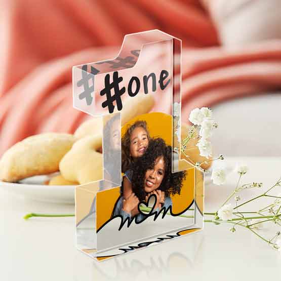 Custom Number One Shaped Acrylic Award with Full Color Printing for Mom on Coffee Table
