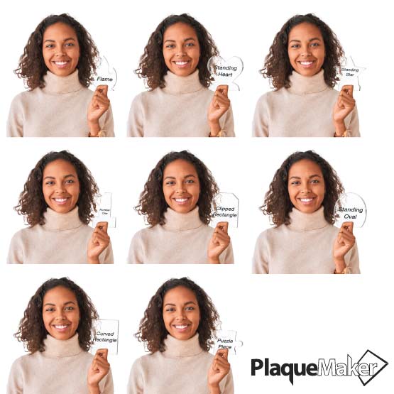 Custom Shaped Freestanding Acrylic Awards Size Guide with Woman holding all Shapes Available