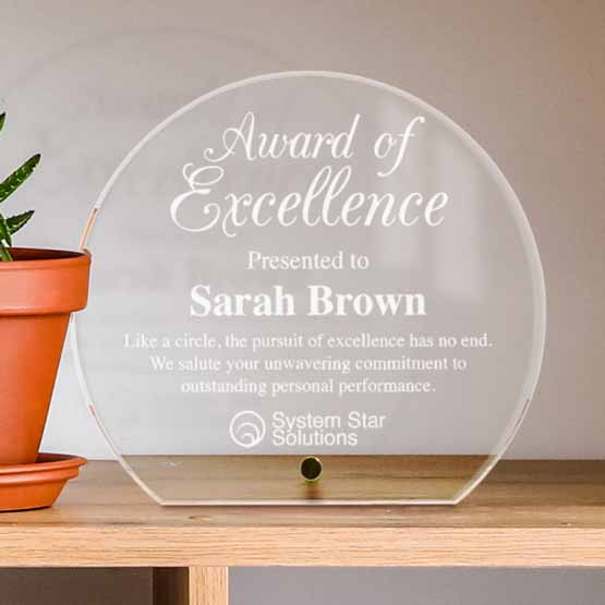 Custom Engraved Acrylic Award Available in 7 Unique Shapes with Your Logo and Text on Shelf near Aloe Plant.