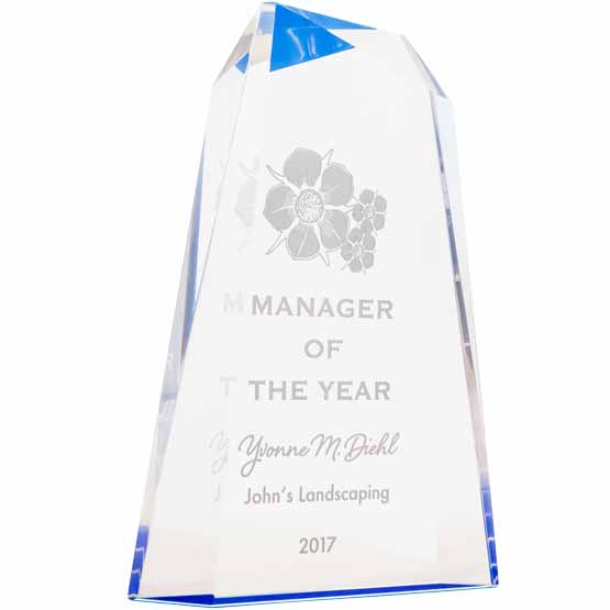 Custom Faceted Wedge Acrylic Award For Manager Of The Year With Company Logo And Name And Blue Foil