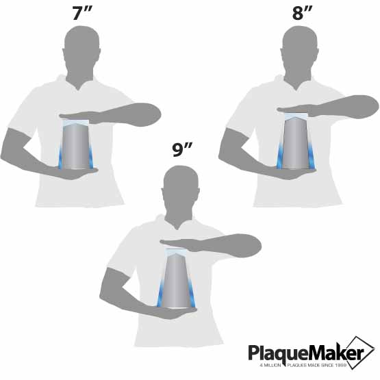 Size Guide With Blank Figures Holding Three Different Sizes Of Custom Faceted Wedge Acrylic Award With Blue Foil