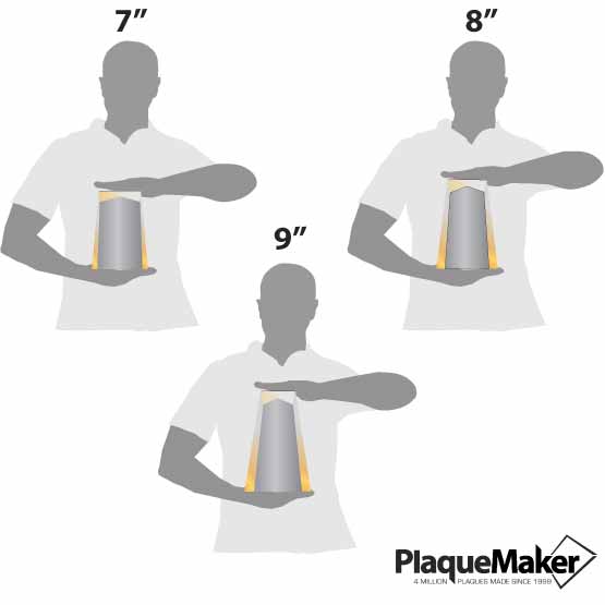 Size Guide With Blank Figures Holding Three Different Sizes Of Custom Faceted Wedge Acrylic Awards With Gold Foil