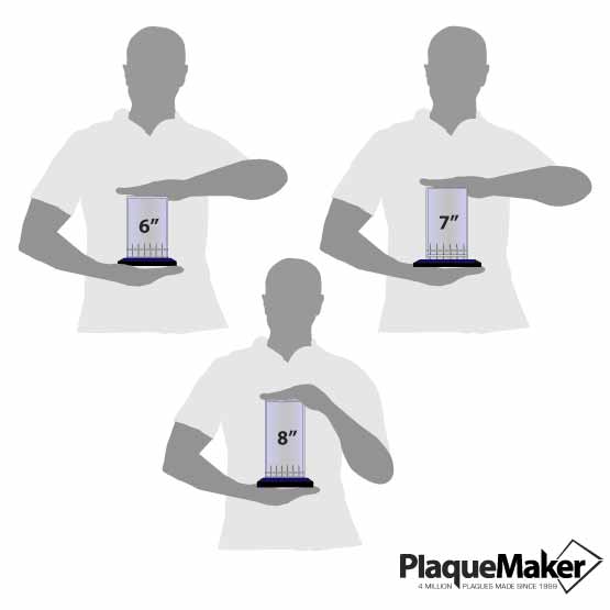 Size Guide With Blank Figures Holding Three Different Sizes Of Custom Mirage Acrylic Award With Blue Mirror Base