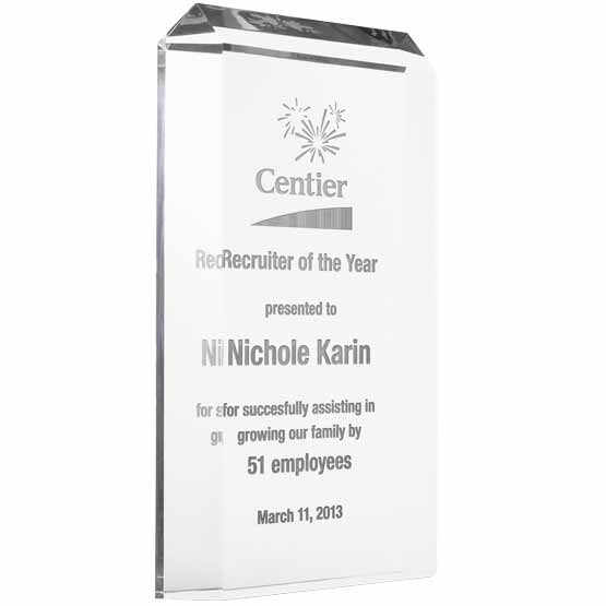 Custom Acrylic Award For Recruiter Of The Year With Company Logo And Employee Name And Faceted Clipped Corners