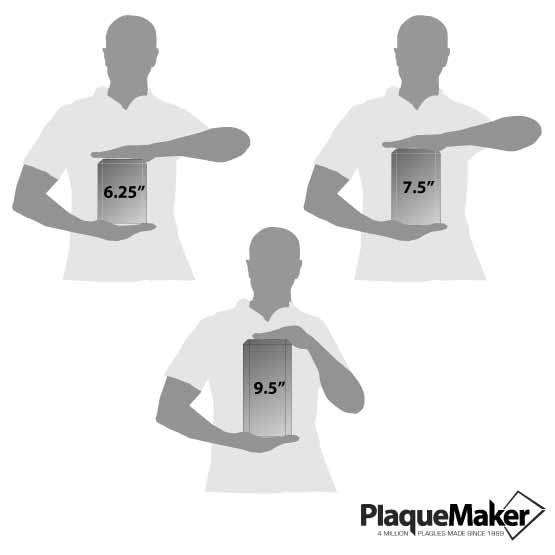 Size Guide With Blank Figures Holding Three Different Sizes Of Custom Acrylic Award With Faceted Clipped Corners