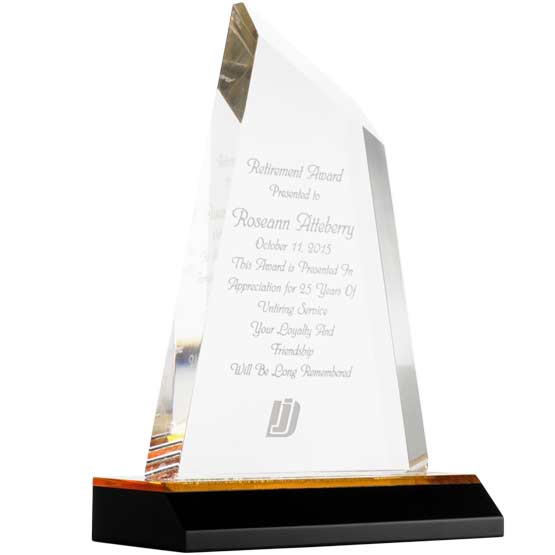 Custom Peak Tower Acrylic Award For Retirement With Employee Name And Logo And Personal Message On A Gold Mirror Base