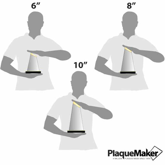 Size Guide With Blank Figures Holding Three Different Sizes Of Custom Peak Tower Acrylic Award With Gold Mirror Base