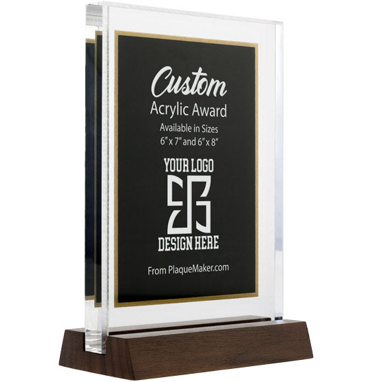 Custom Engraved Standing Black And Gold Acrylic Award With Text And Logo On Wooden Base