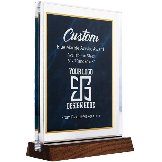 Custom Engraved Standing Blue Marble And Gold Acrylic Award With Text And Logo On Wooden Base