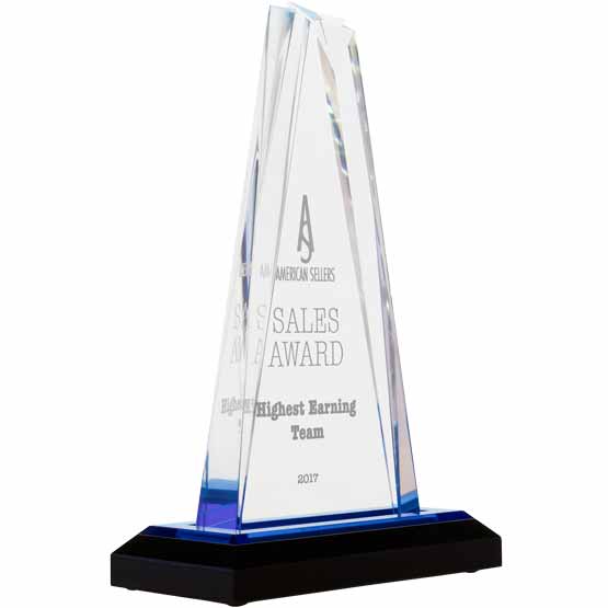 Custom Star Tower Acrylic Award For Highest Earning Sales Team With Logo And Name On Blue Mirror Base