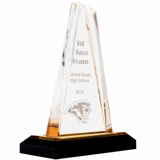 Custom Star Tower Acrylic Award For High School Team With Mascot Logo And Date On A Gold Mirror Base