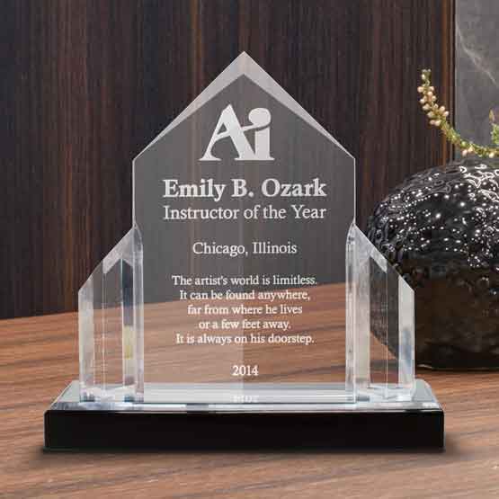 Custom Tiered Pyramid Acrylic Award For Instructor Of The Year With Silver Mirror Base On Wood Table With Potted Plant
