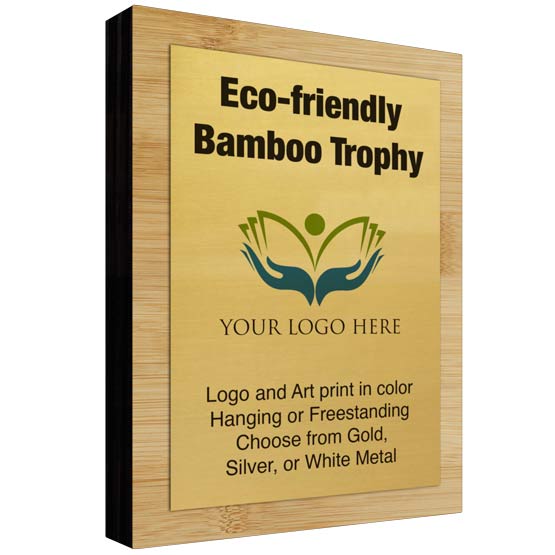 Customized Bamboo Trophy w/ an Aluminum plate with full color printing. Freestanding and includes a sawtooth hanger