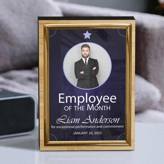 A Bamboo Trophy w/ a photo frame, freestanding, displaying an employee achievement award. Choose a silver or gold frame.