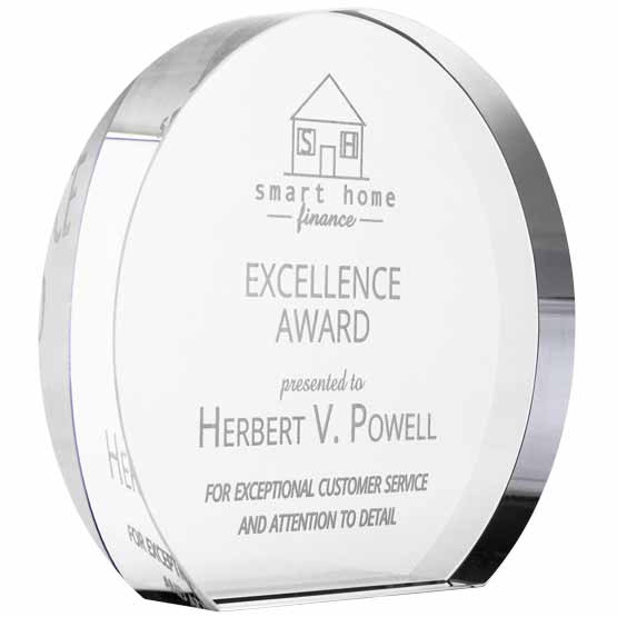 Custom Freestanding Circle Shaped Glass Award For Excellence With Message And Home Finance Company Logo And Employee Name