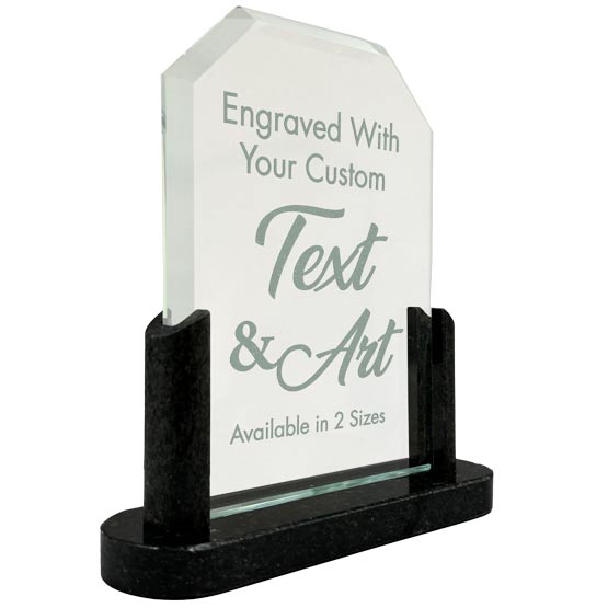 Custom Glass Award With Clipped Corners Showing Customization Options Standing On A Black Marble Base