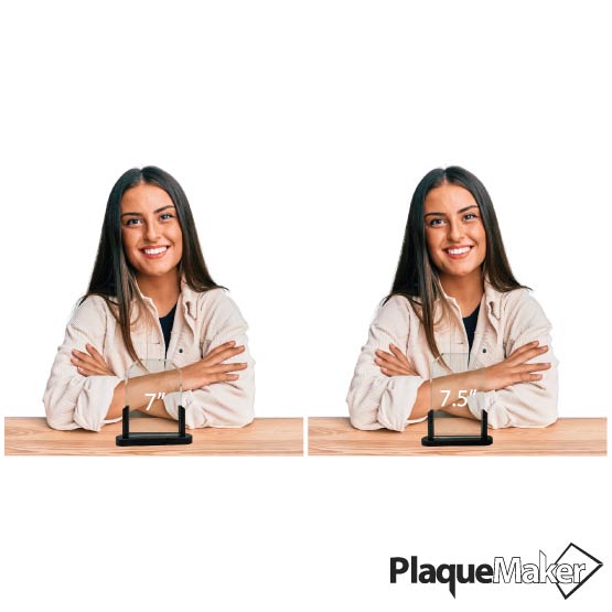 Size Guide With Woman Sitting Behind Two Different Sizes Of Custom Glass Awards With Clipped Corners And Black Marble Base