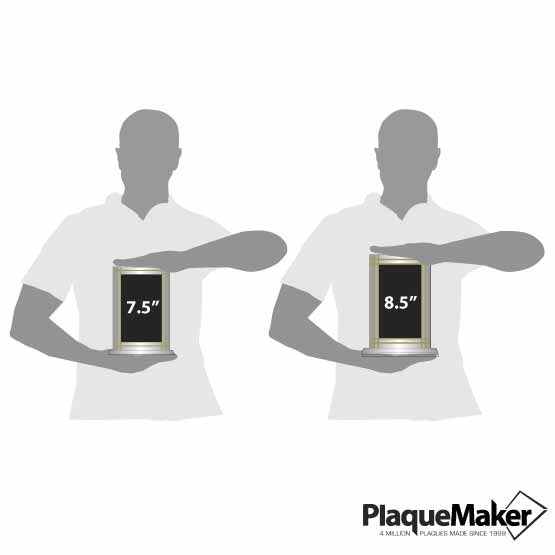 Size Guide With Blank Figures Holding Two Different Sizes Of Custom Black And Gold Glass Award With Jade Glass Base