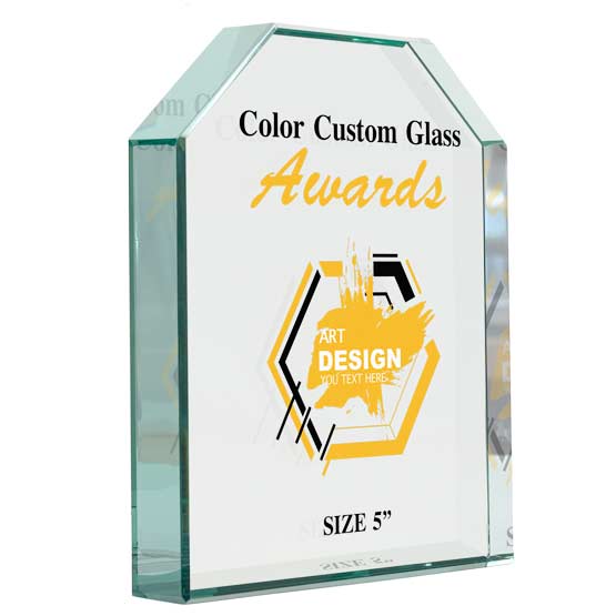 Custom Freestanding Glass Award With Clipped Corners And Showing Customization Areas For Logo And Text